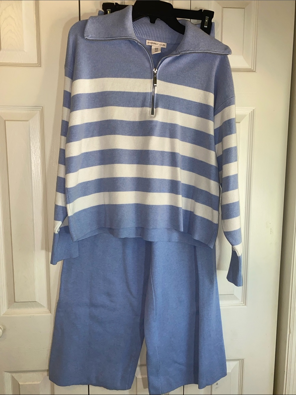 Sincerely Jules Light Blue and White Striped Half-Zip Sweater with Matching Pant